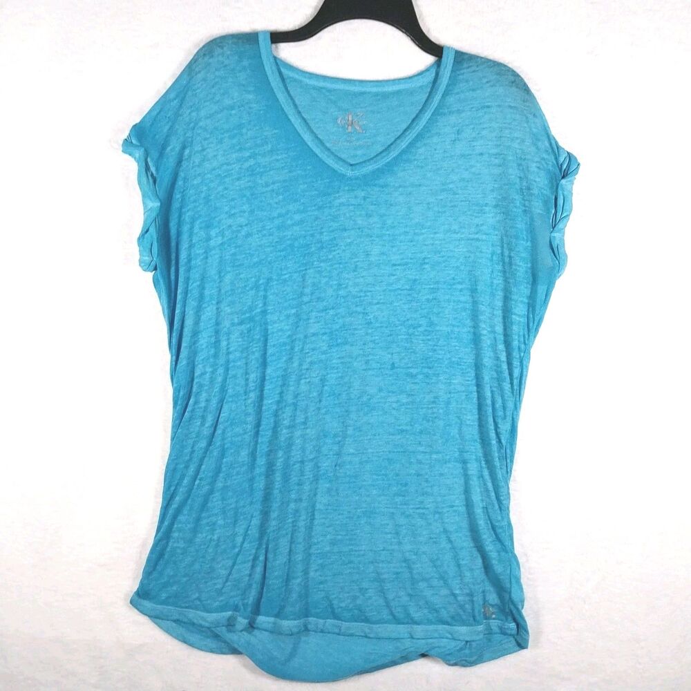 Calvin Klein Womens V-Neck T-Shirt Size Medium M Blue Short Sleeve Slub Tee #E99